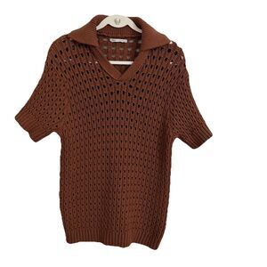 Zara Man Sweater Small Medium Brown Crochet Chunky Knit Short Sleeve Top V-Neck‎